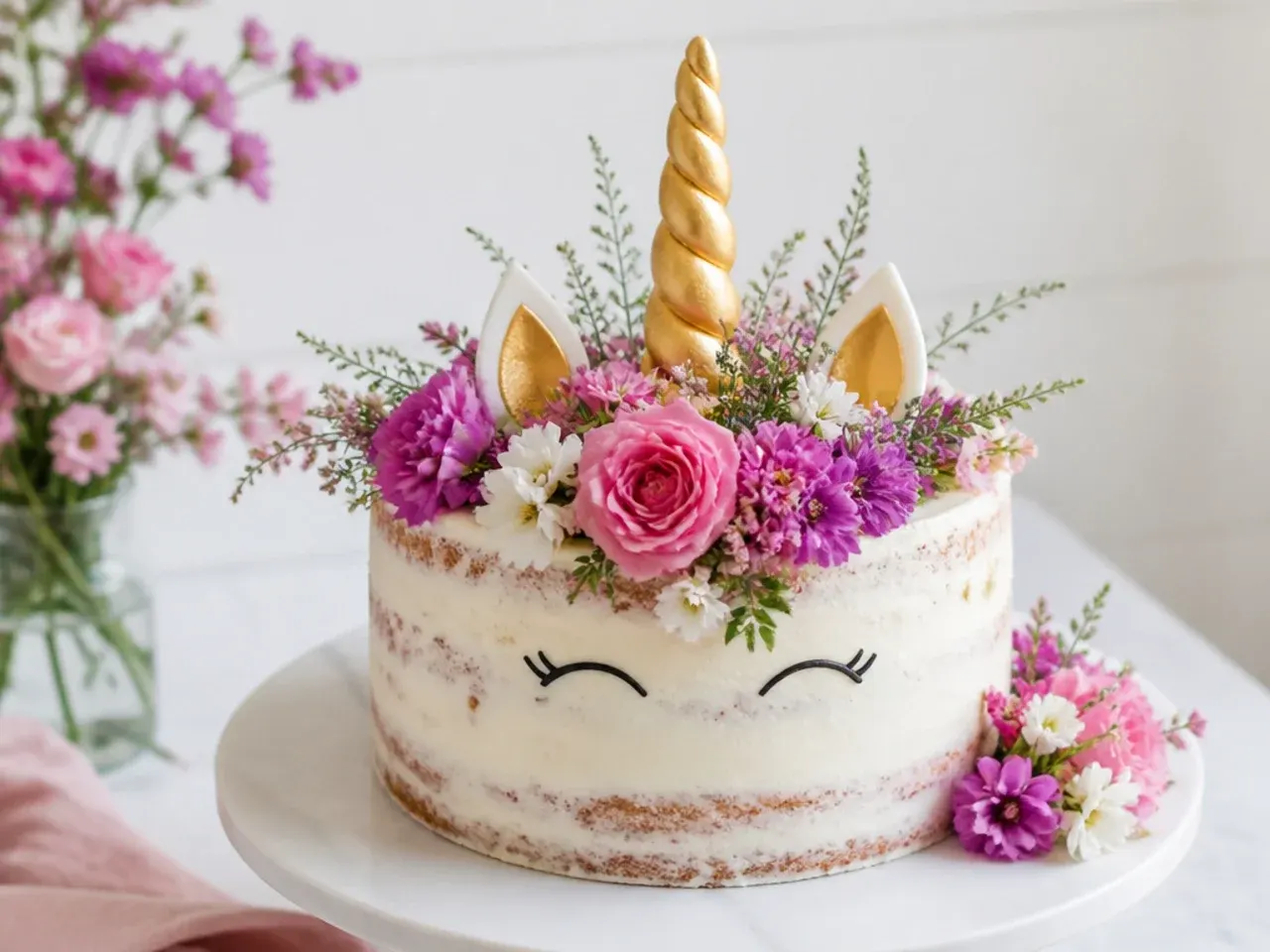 Rustic semi-naked unicorn cake decorated with fresh flowers