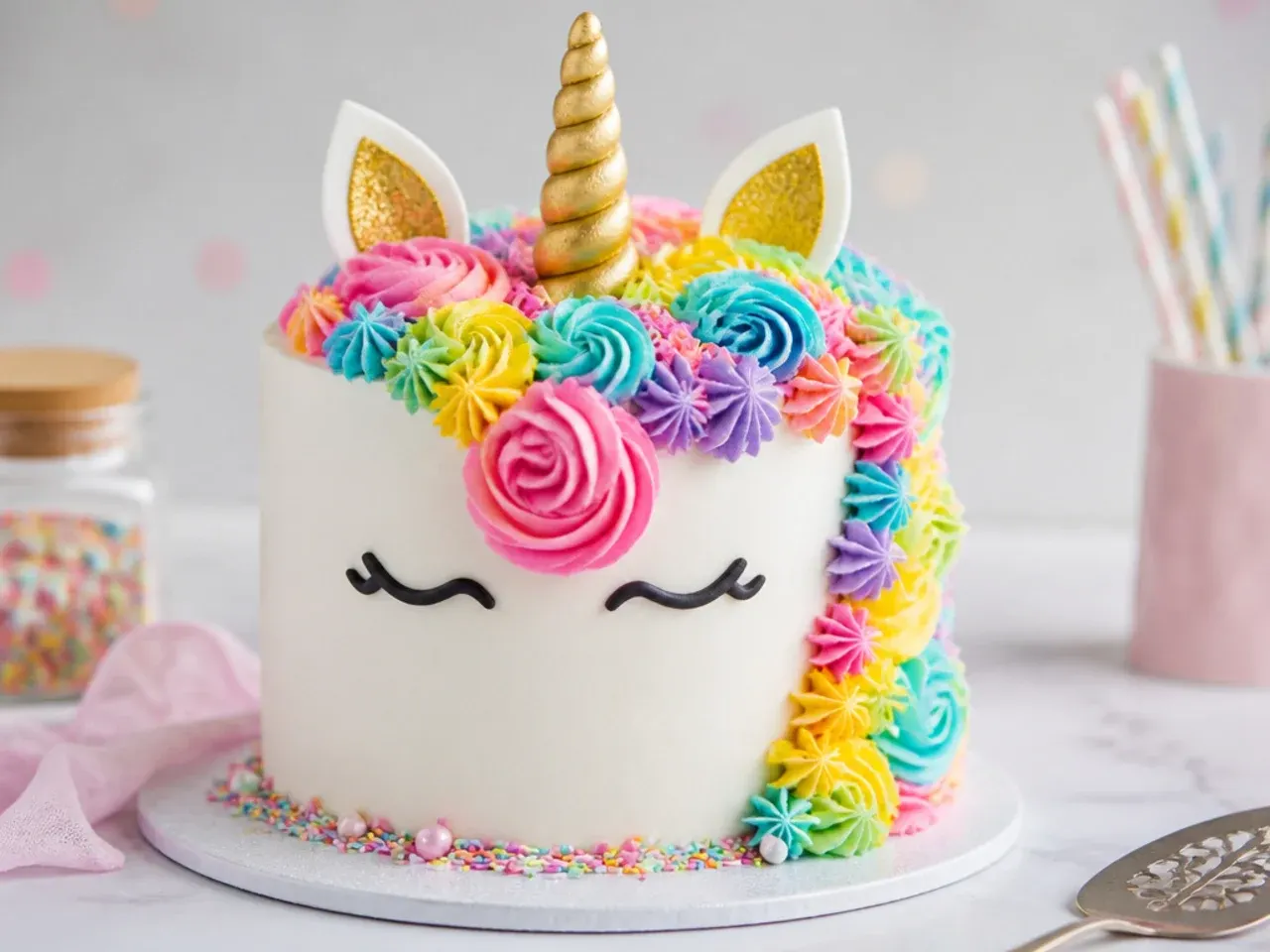 Colourful rainbow mane unicorn cake with piped buttercream swirls