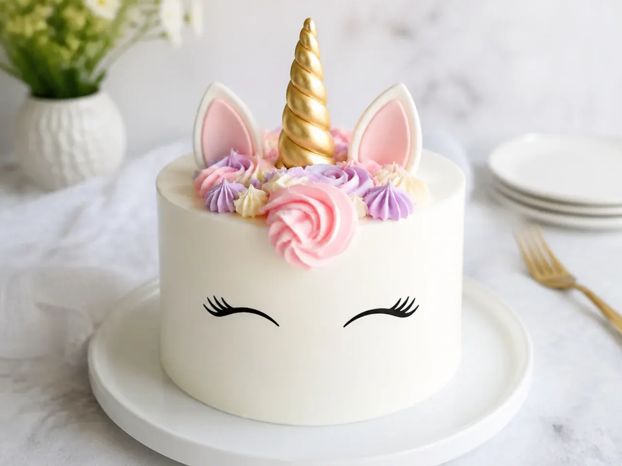 Minimalist white unicorn cake with black line-art face design