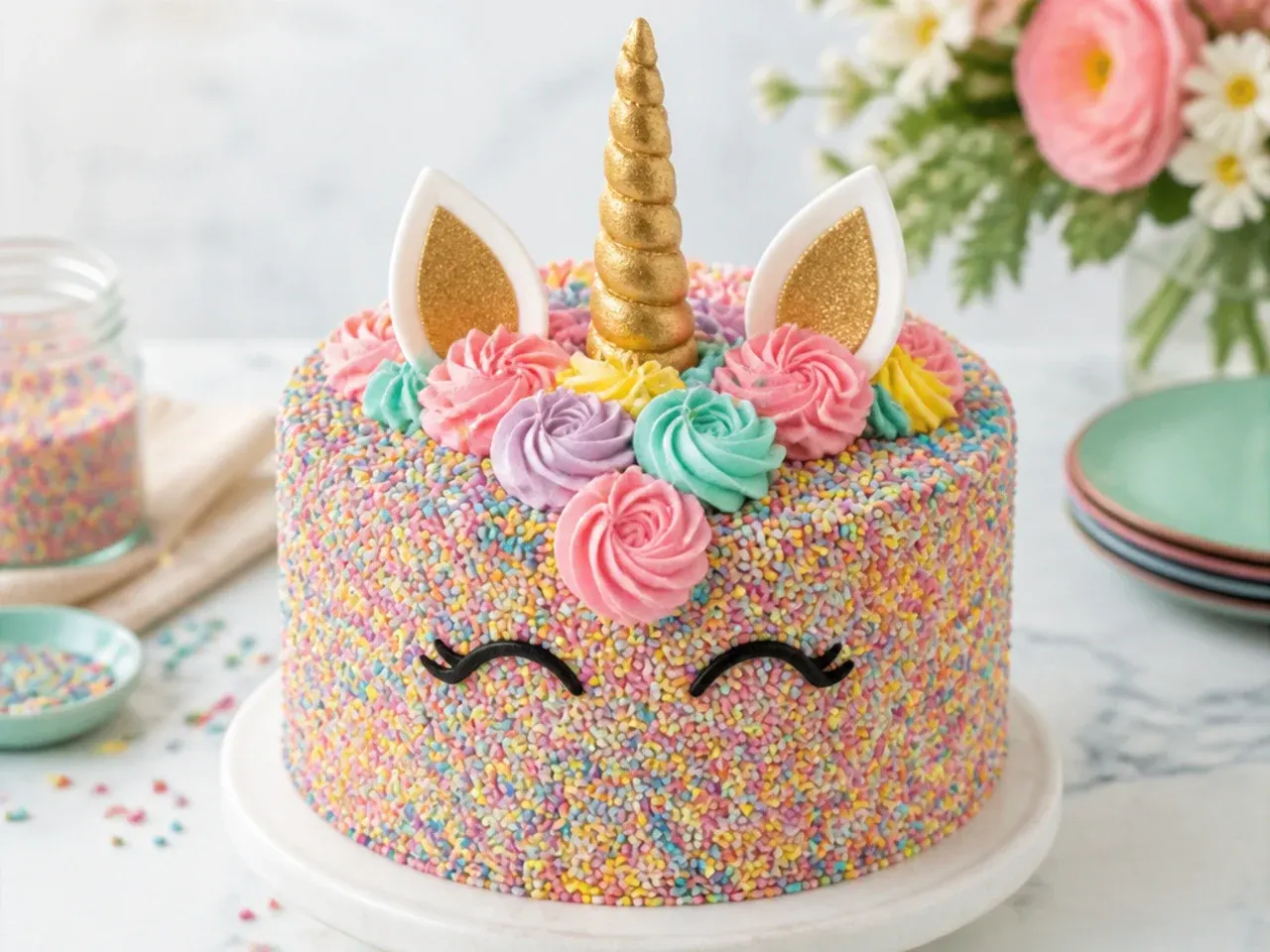 Festive funfetti unicorn cake covered in rainbow sprinkles