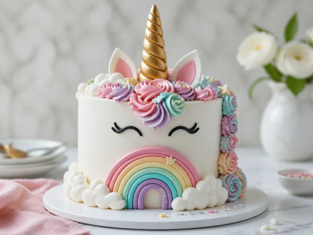 Whimsical unicorn cake with piped clouds and fondant rainbow arch