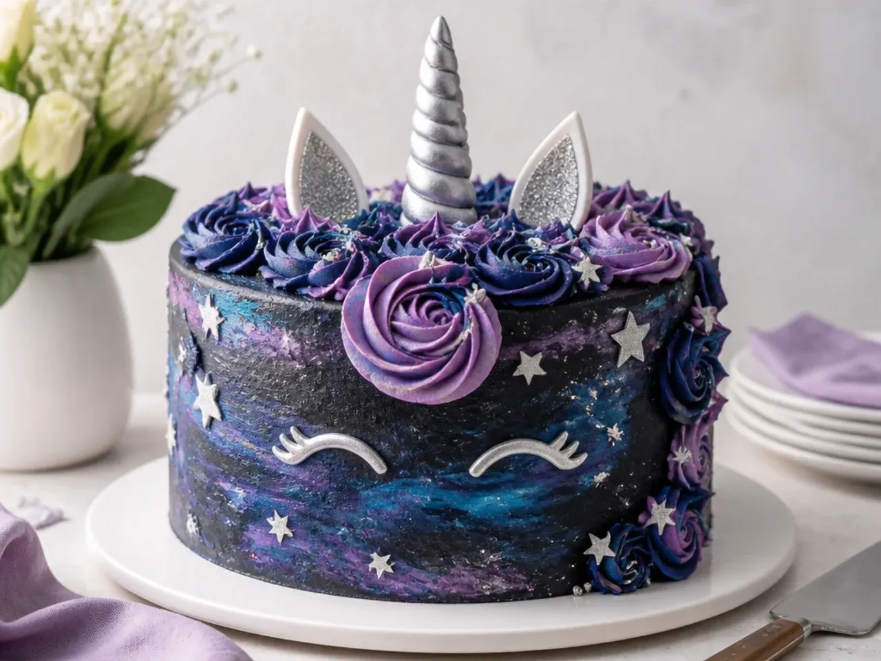 Bold galaxy unicorn cake with dark marbled buttercream and silver stars