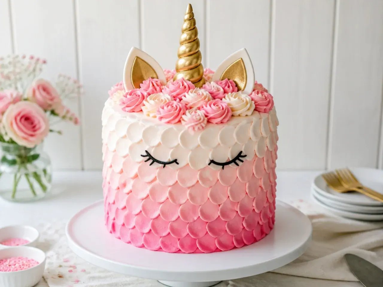 Delicate ombre pink petal buttercream unicorn cake