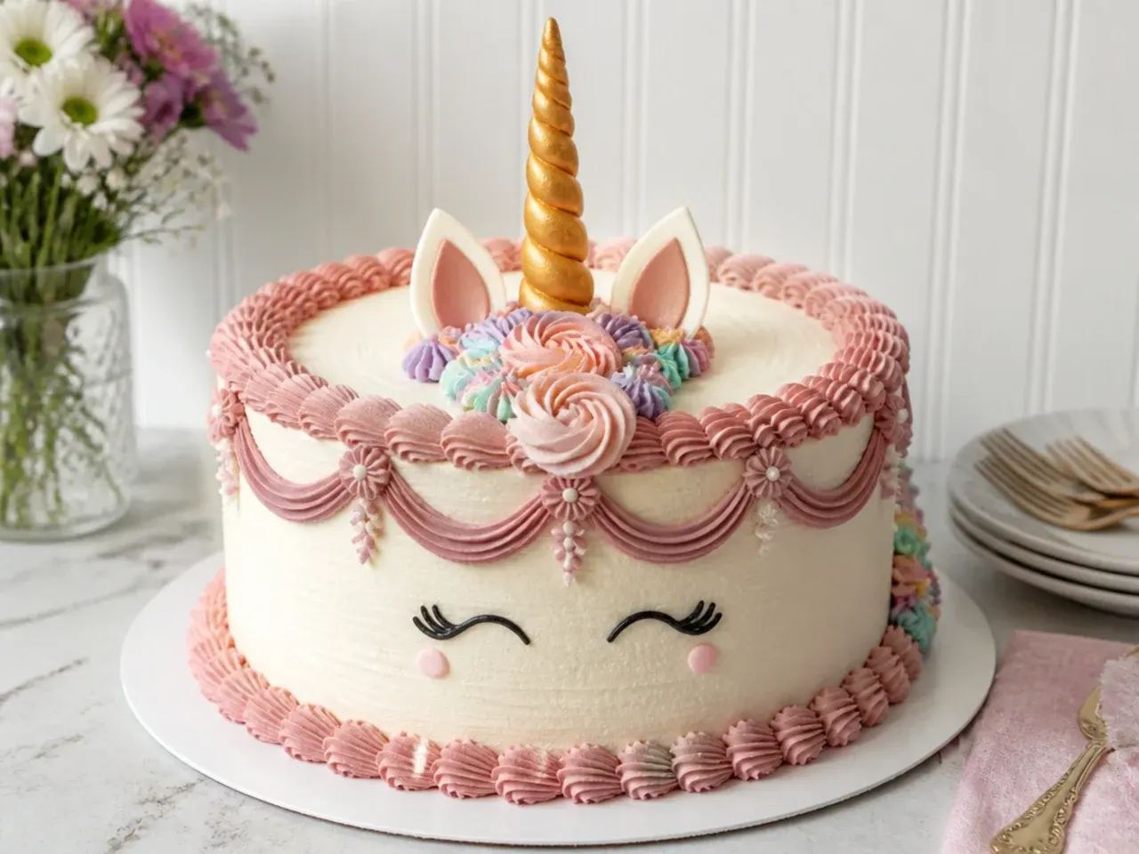 Vintage Lambeth-style unicorn cake with piped shell borders in dusty pink