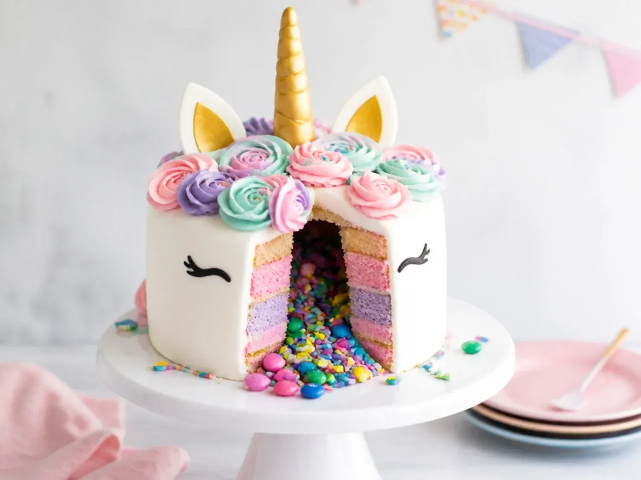 Creative pinata unicorn cake with hidden candy surprise centre