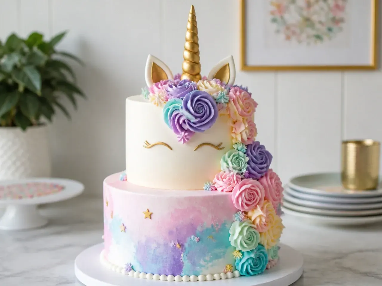 Two-tier unicorn birthday cake with cascading buttercream mane