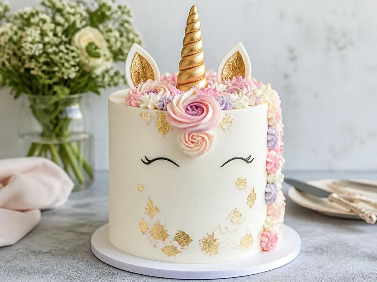 Elegant ivory fondant unicorn cake with edible gold leaf accents