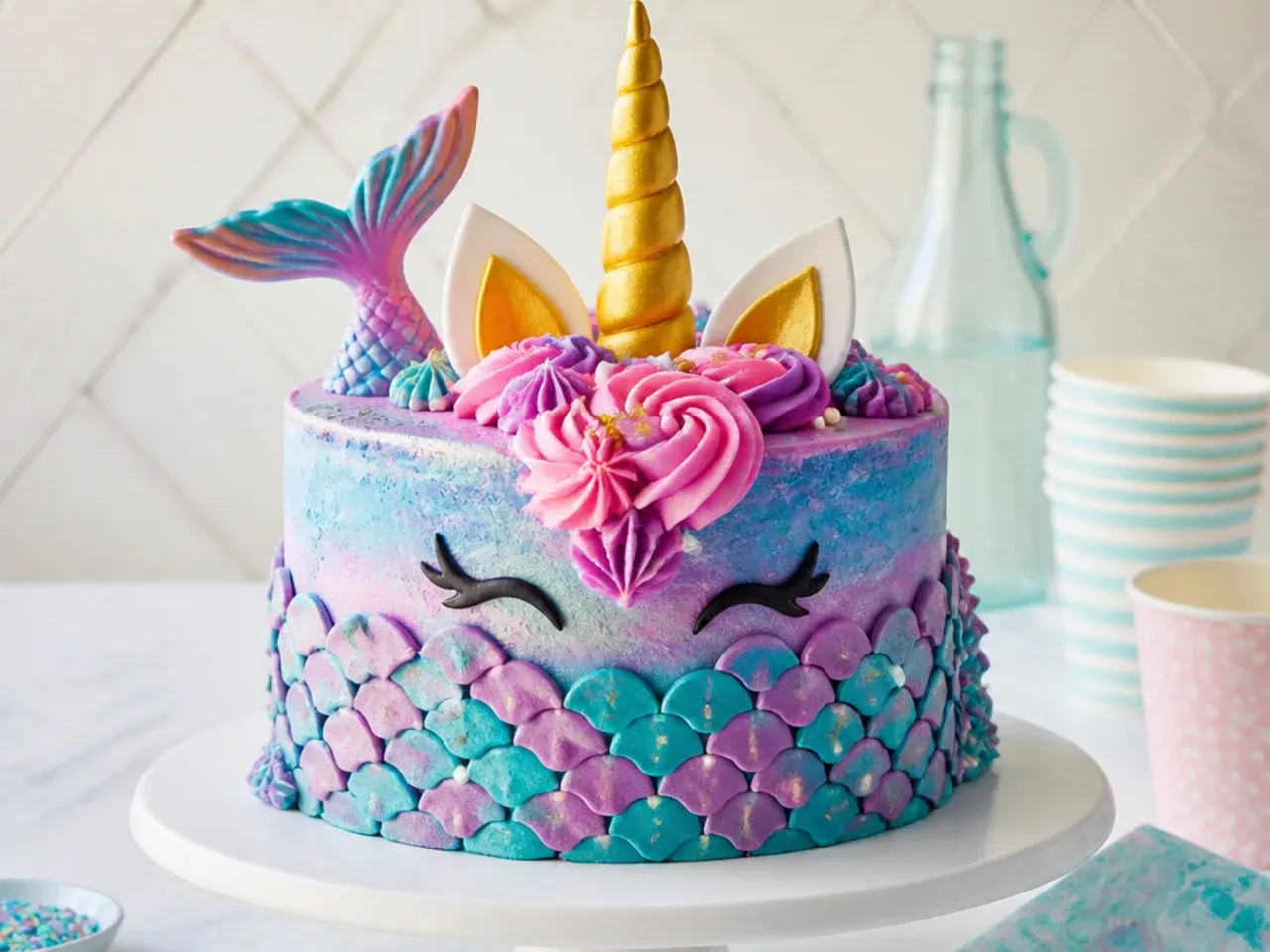 Playful mermicorn cake combining mermaid scales and unicorn horn