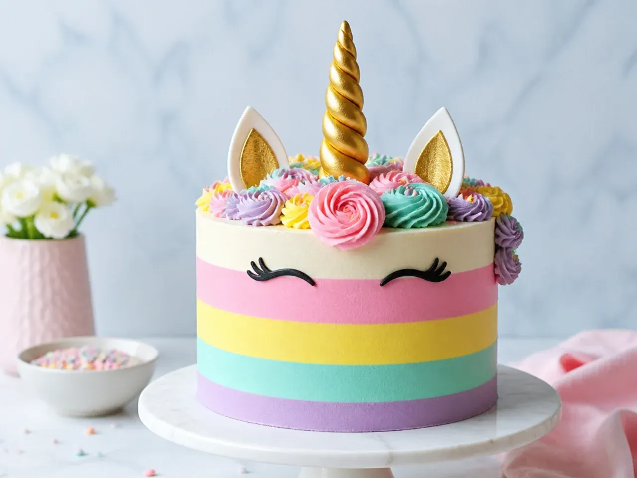 Modern colour-block striped unicorn cake with pastel bands