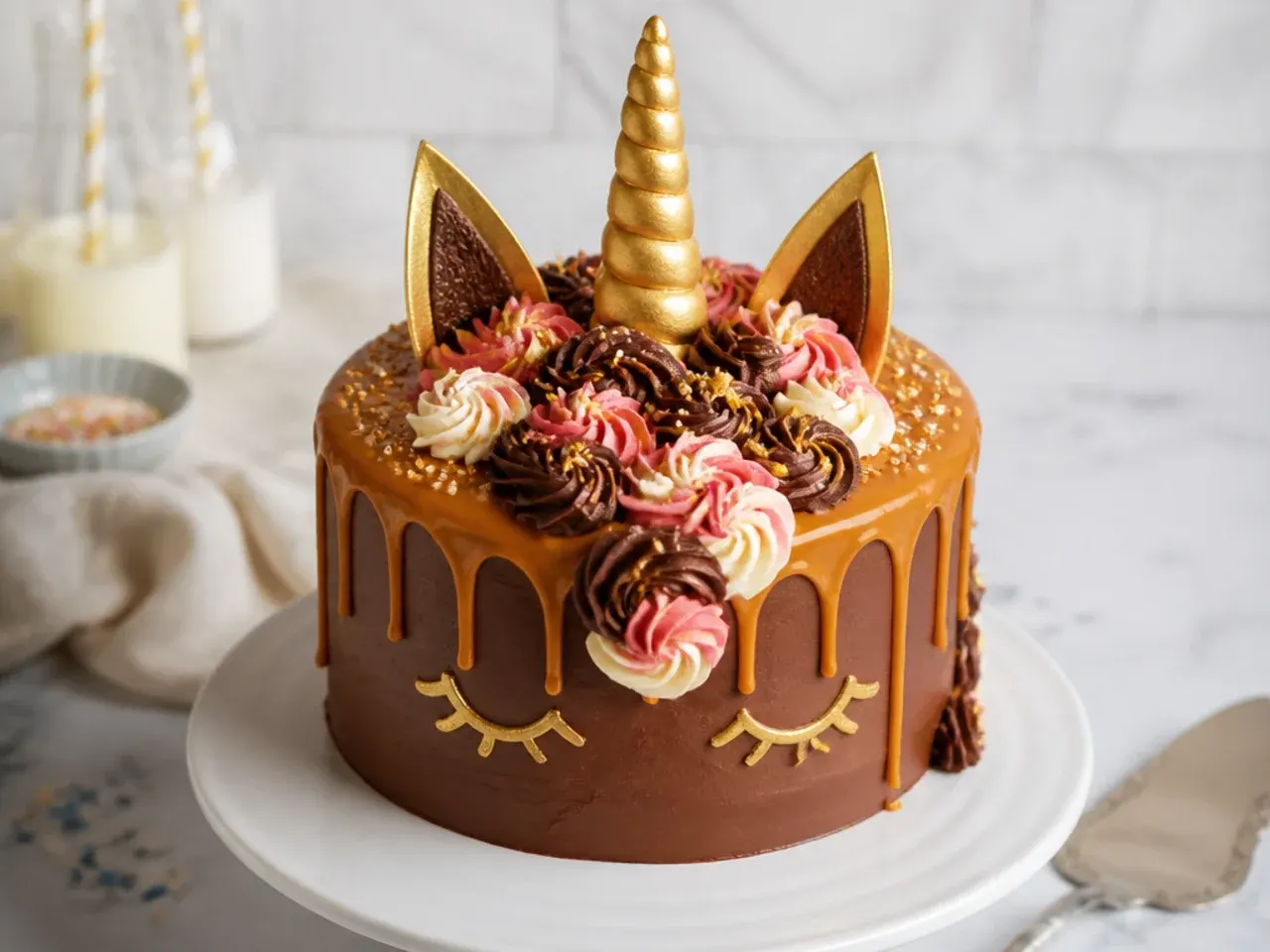 Chocolate unicorn cake with salted caramel drip and gold horn