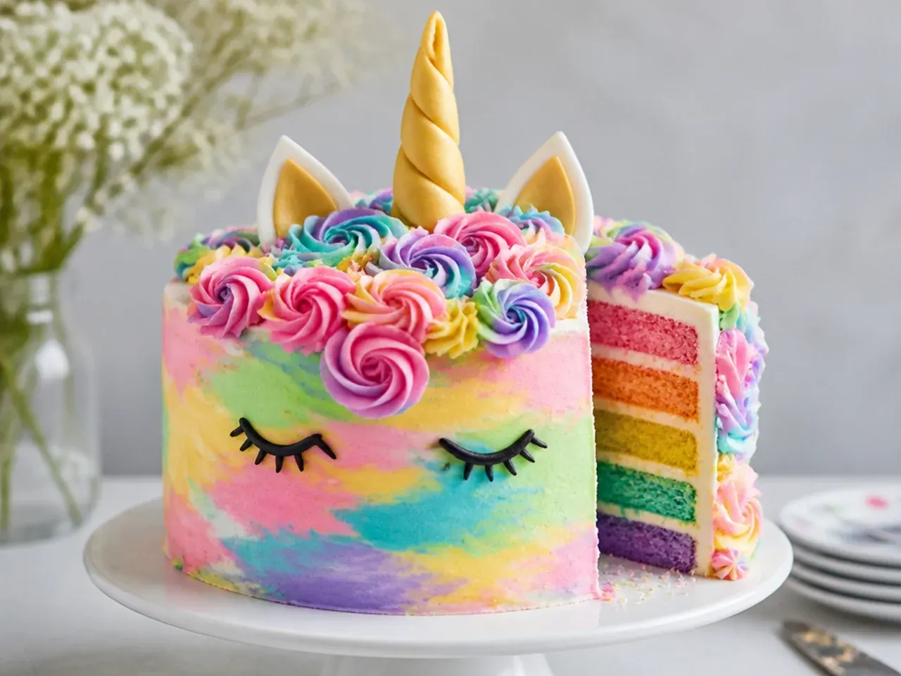 Colourful tie-dye swirl unicorn cake with multicoloured buttercream