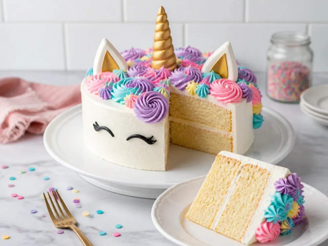 Simple single-layer unicorn face cake cut and arranged from one round