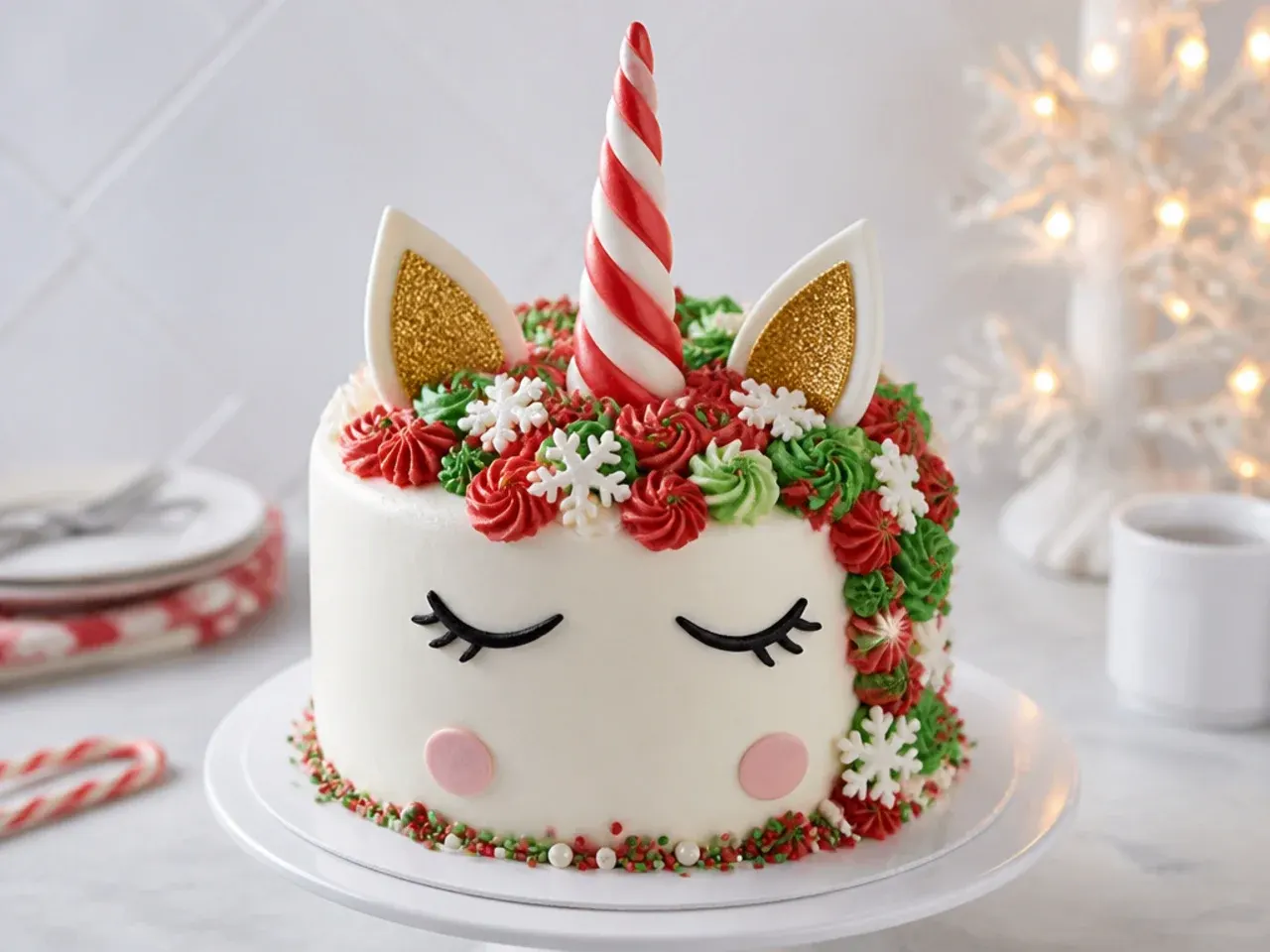 Festive Christmas unicorn cake with candy cane striped horn