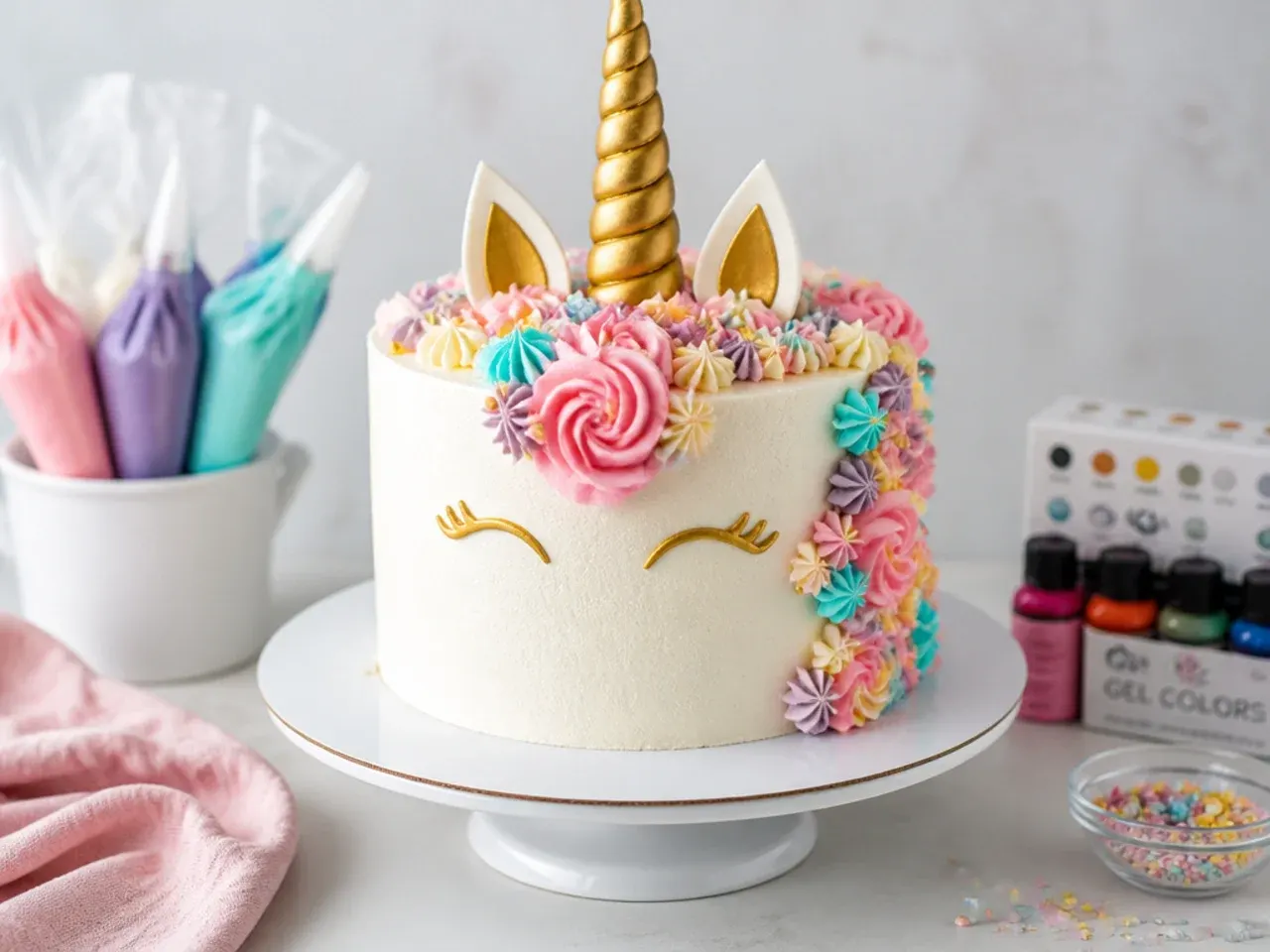 Unicorn cake decorating tips with piping bags and gel colours