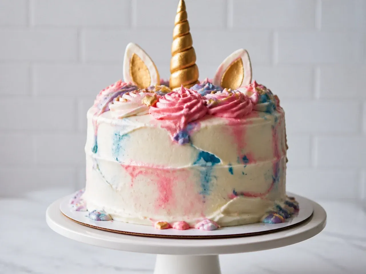 Common unicorn cake mistakes shown with slumped frosting and bleeding colours
