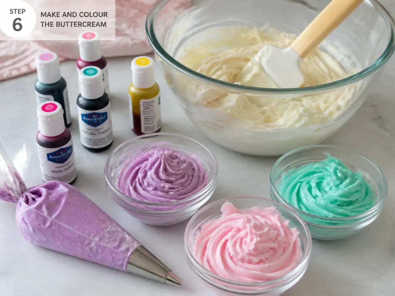 unicorn cake topper — step 6: make and colour the buttercream