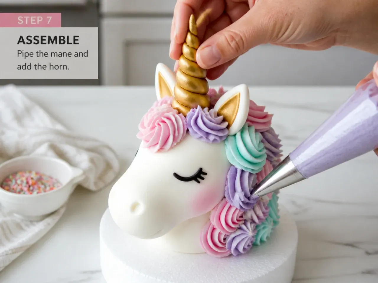 unicorn cake topper — step 7: assemble, pipe the mane and add the horn
