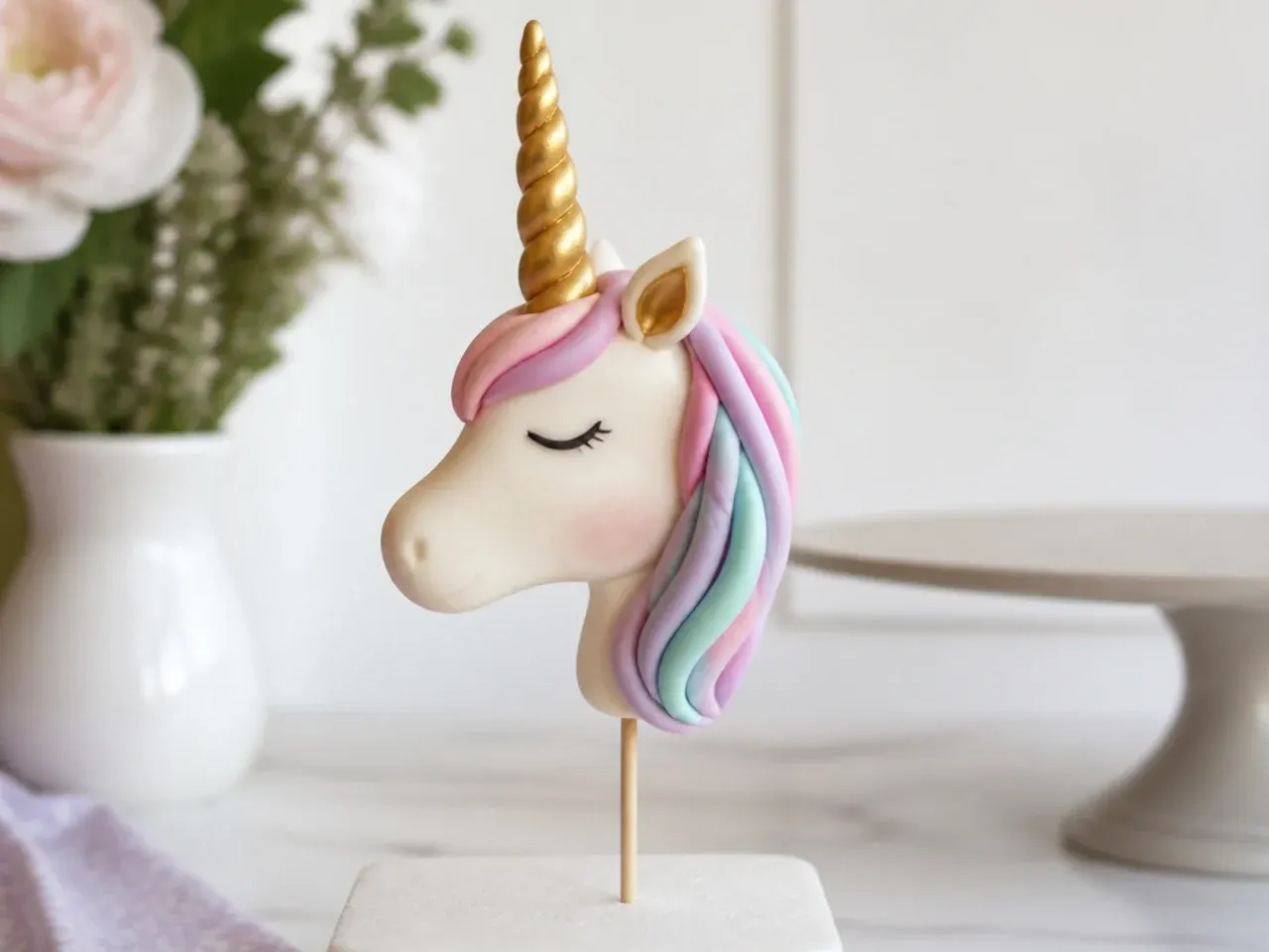 Classic gold twisted fondant unicorn cake topper drying upright on a skewer