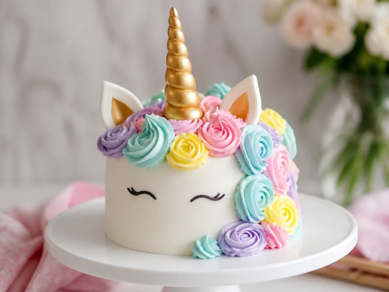 Easy buttercream rosette mane unicorn cake topper piped in pastel swirls