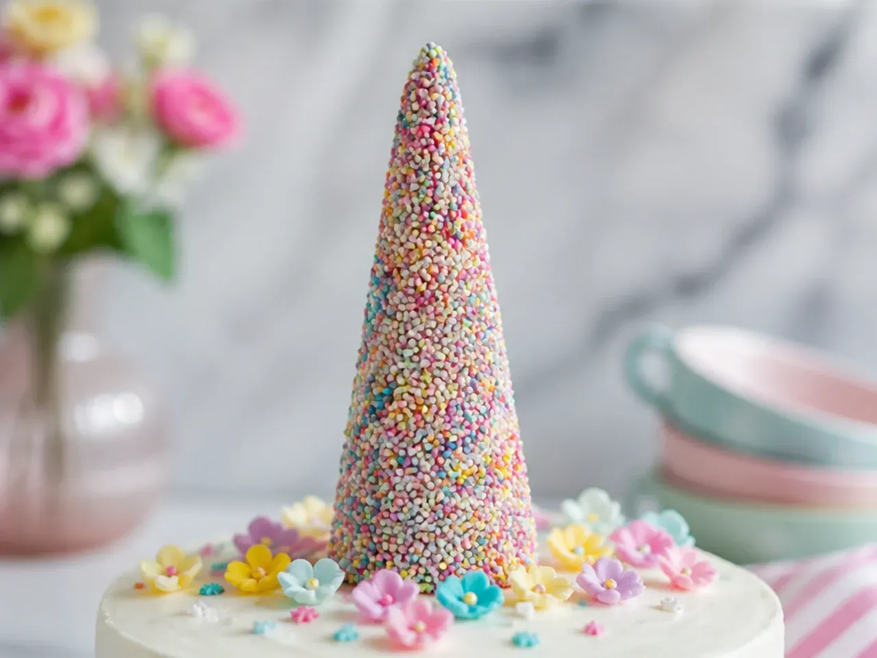 Playful rainbow sprinkle-coated unicorn cake topper horn covered in nonpareils