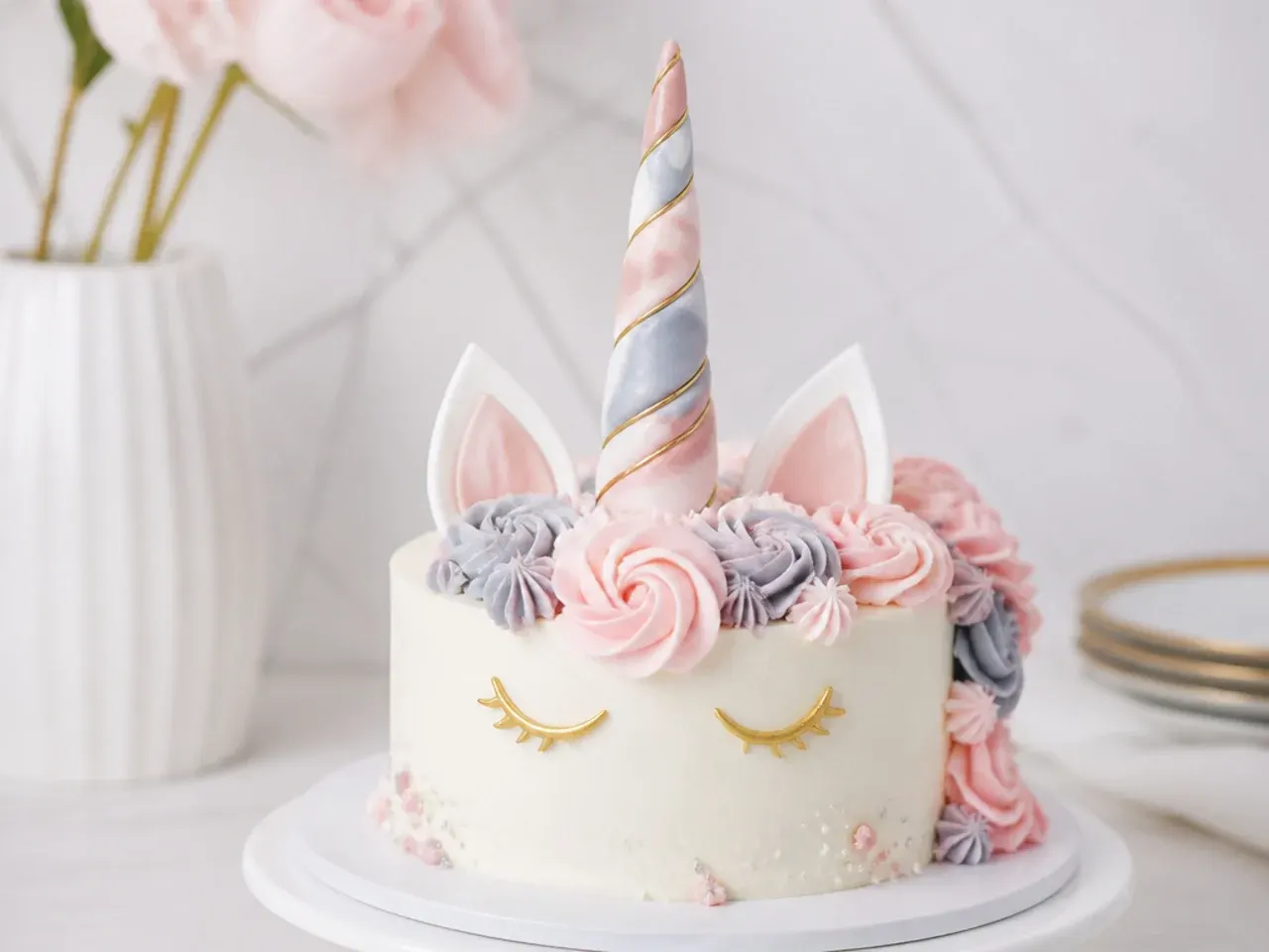 Modern marbled geometric unicorn cake topper horn in blush and grey