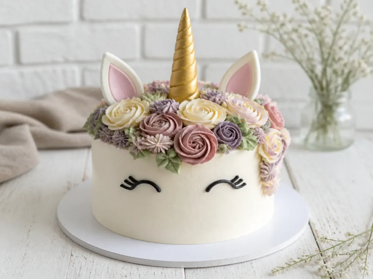 Rustic buttercream flower crown unicorn cake topper in muted garden colors