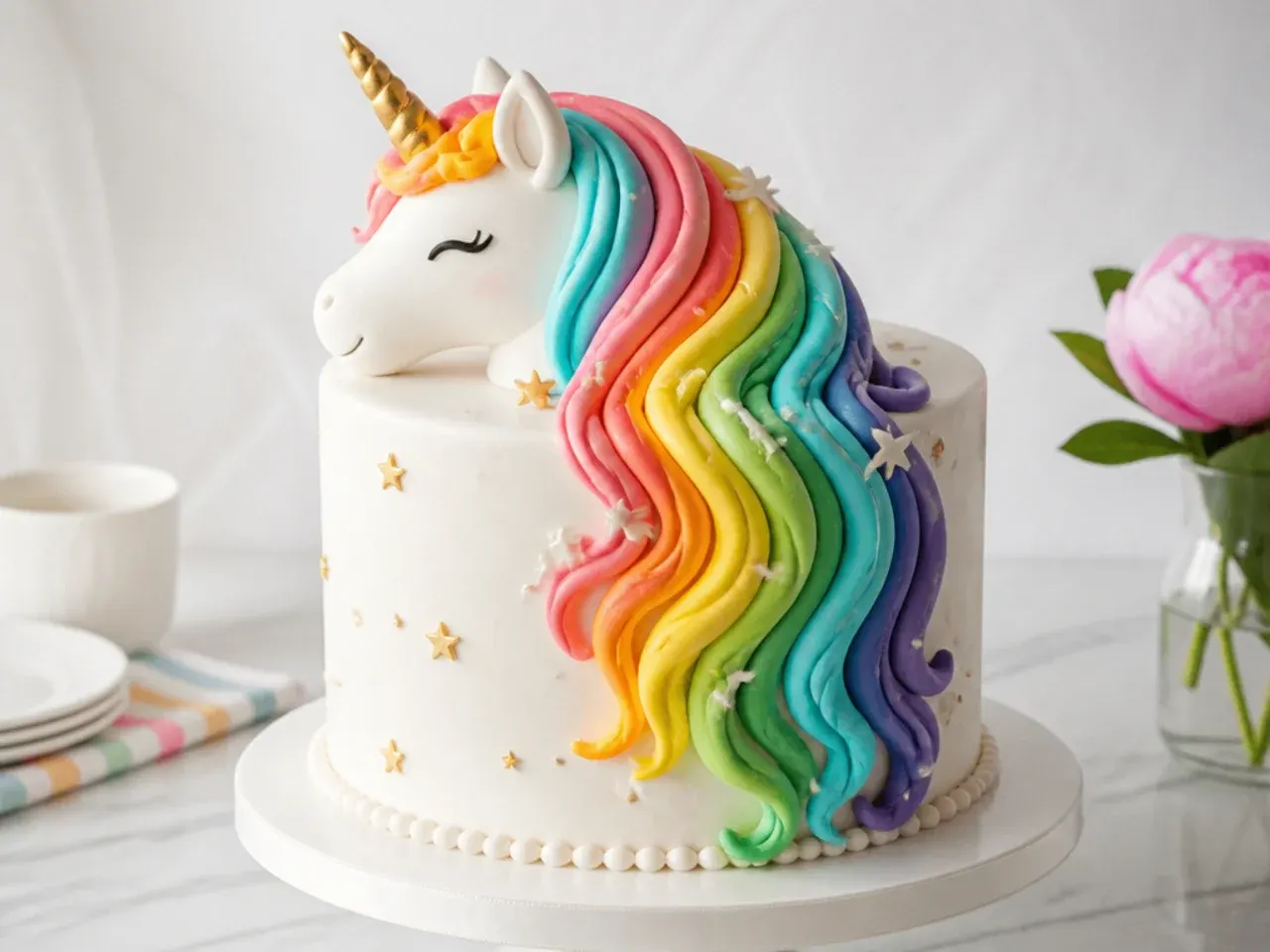 Colorful full rainbow cascade mane unicorn cake topper down the side of a cake
