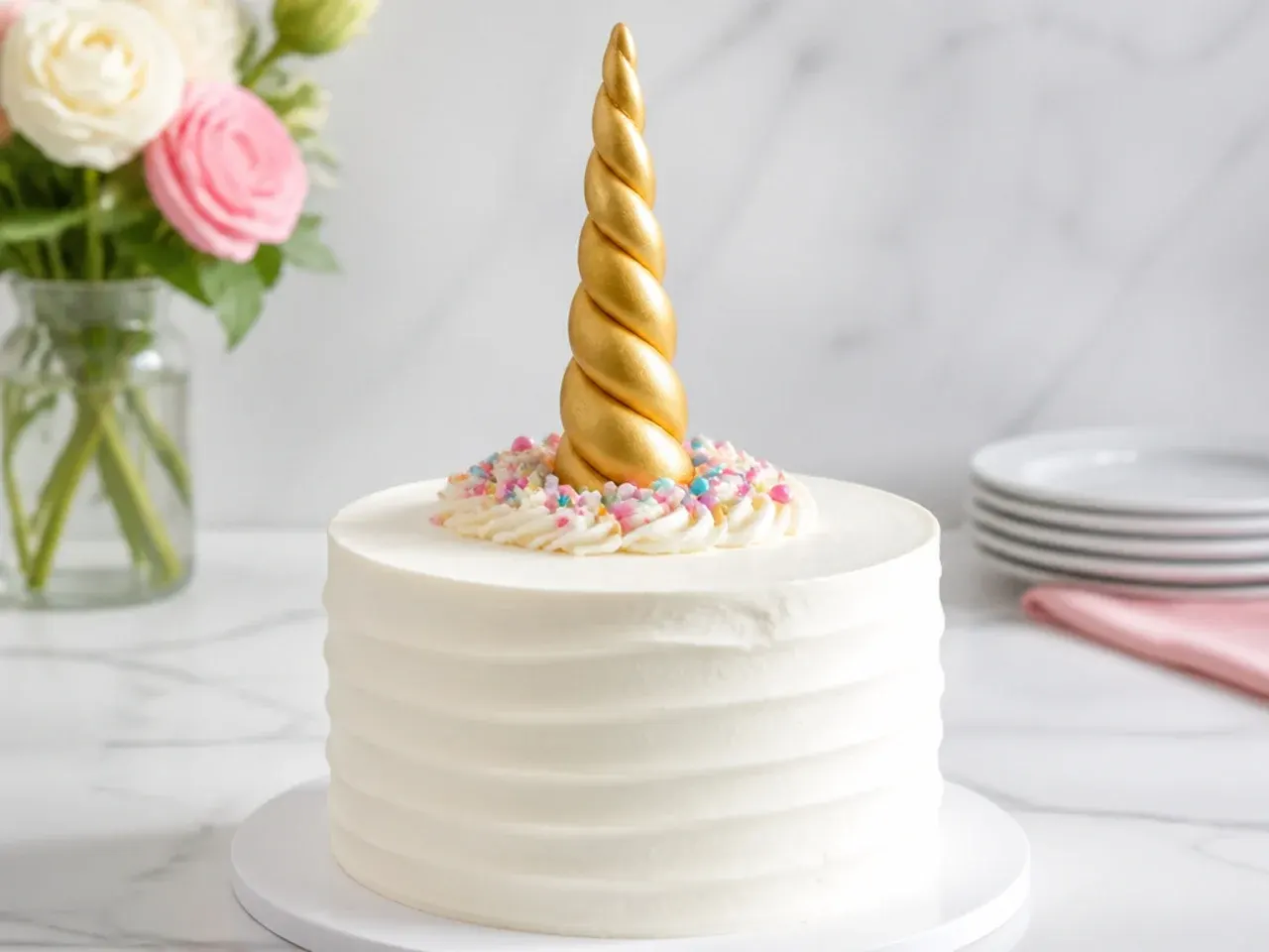 Minimal single oversized statement unicorn cake topper horn on a plain cake