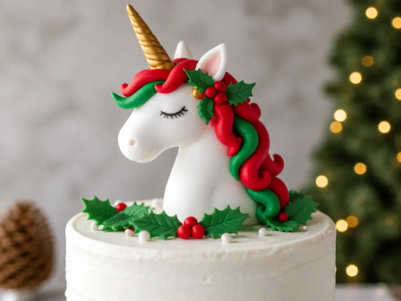 Festive Christmas unicorn cake topper with red and green mane and holly accents