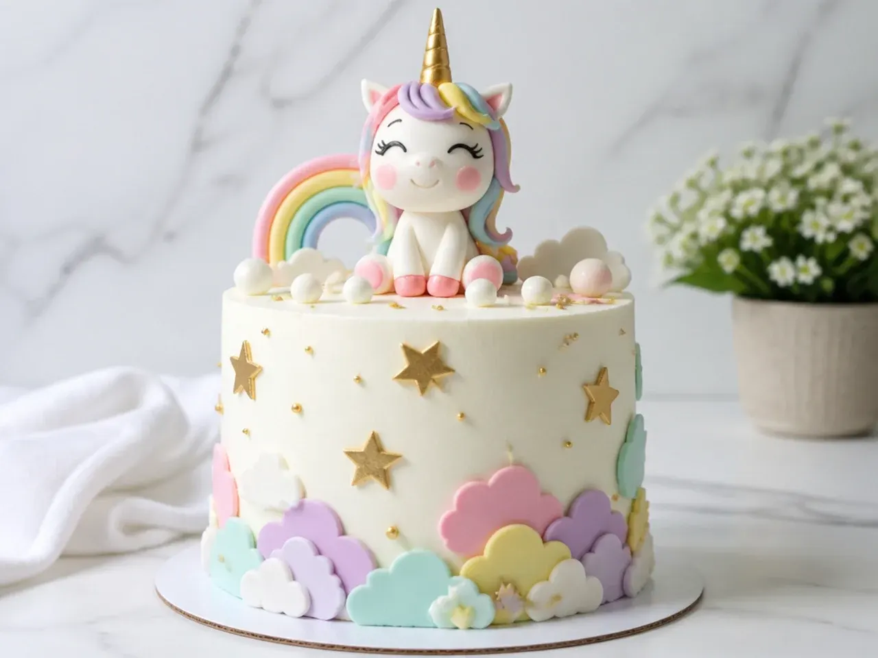 Whimsical pastel unicorn cake topper with fondant clouds and gold stars