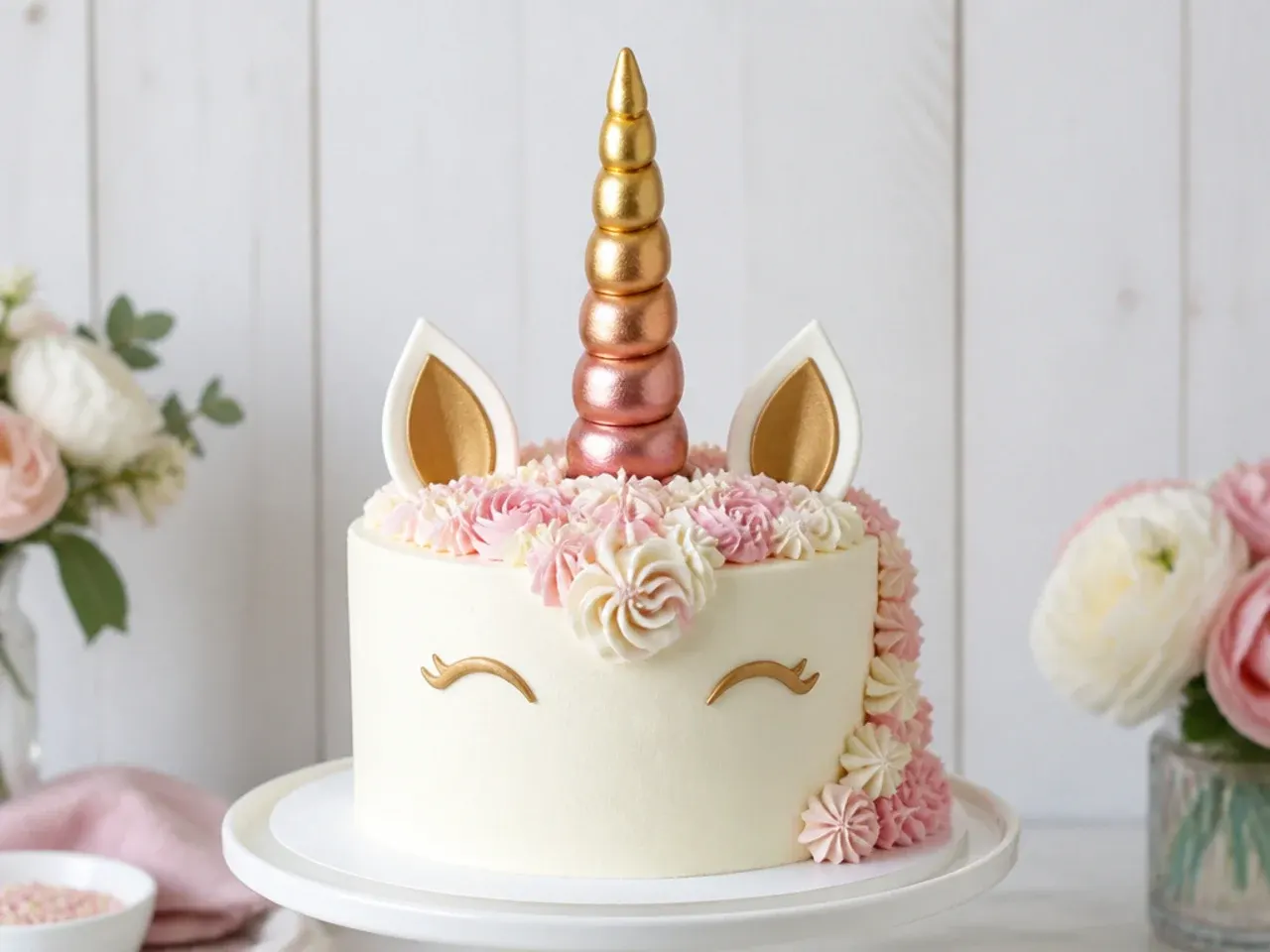 Bold metallic ombre unicorn cake topper horn shifting from gold to rose gold