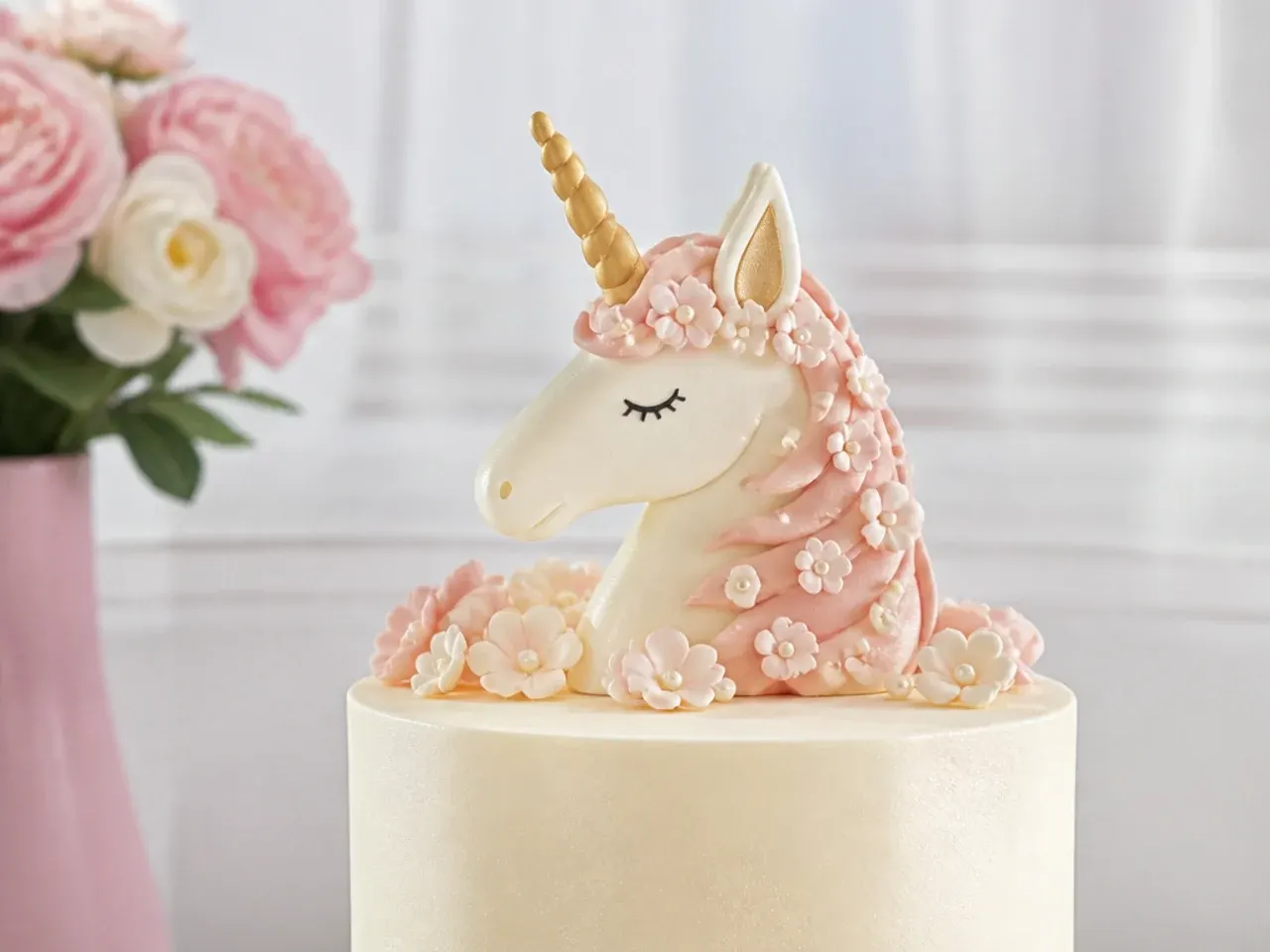 Delicate sugar-flower and edible pearl unicorn cake topper in soft blush tones