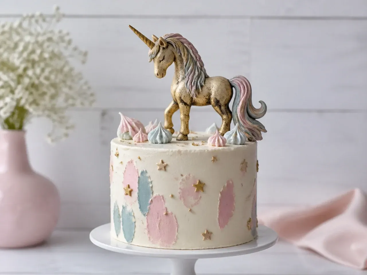 Vintage antique-gold unicorn cake topper with muted dusty mane colors