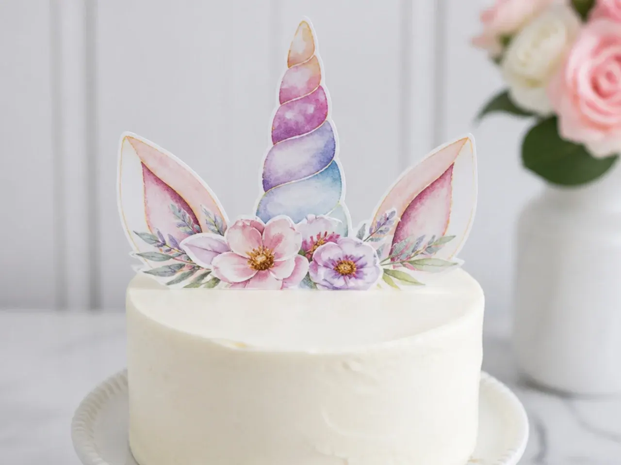 Creative watercolor hand-painted unicorn cake topper horn in soft pastels