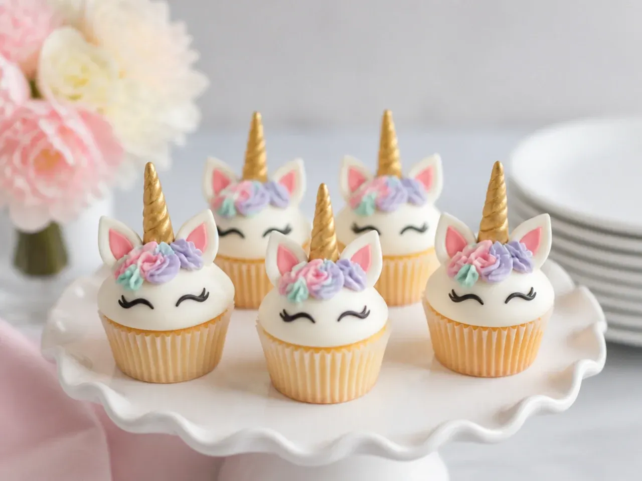 Charming mini unicorn cupcake toppers with tiny horns and ears in a set