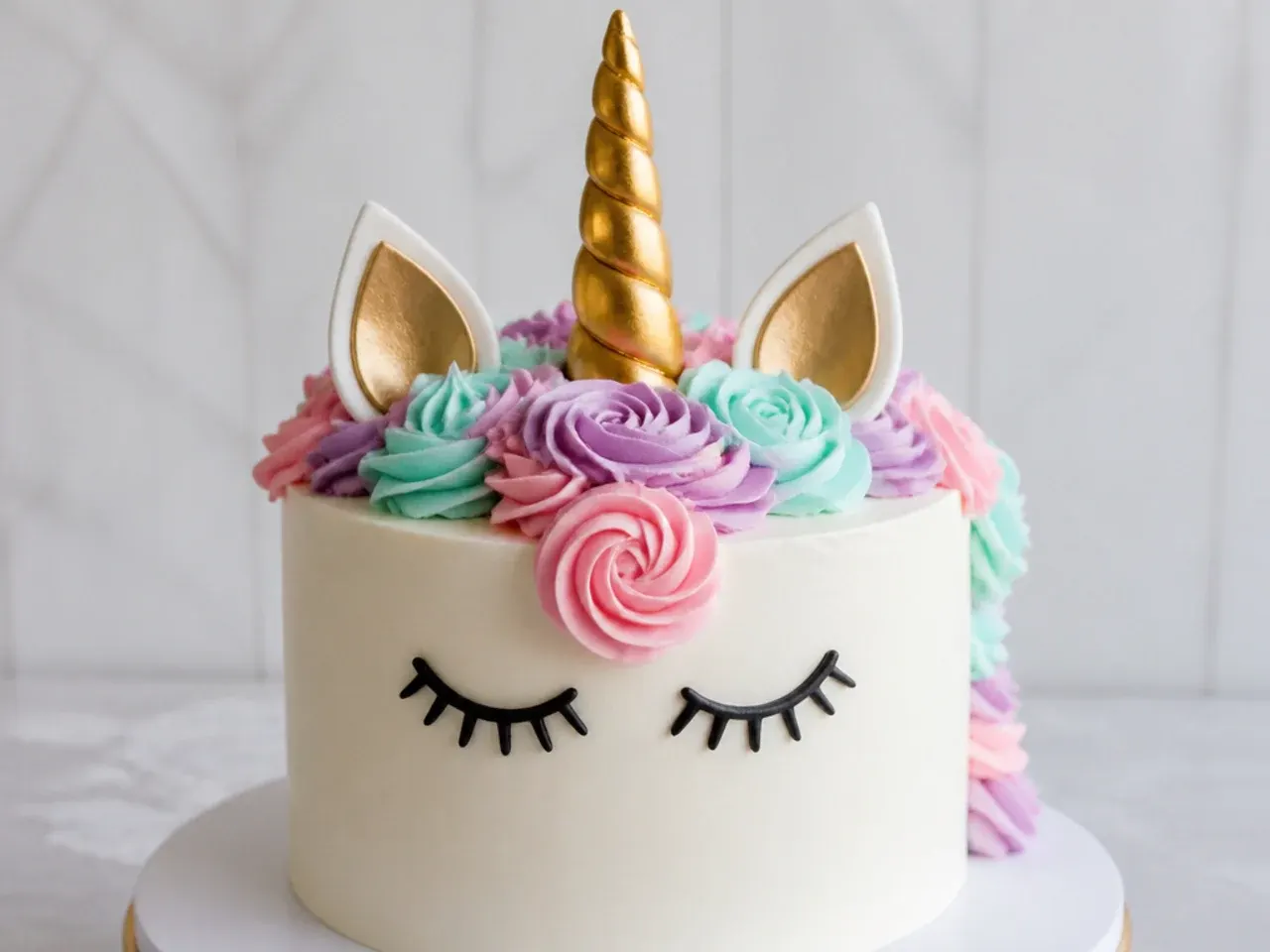 Layered fondant ears and closed-lash unicorn cake topper set standing upright