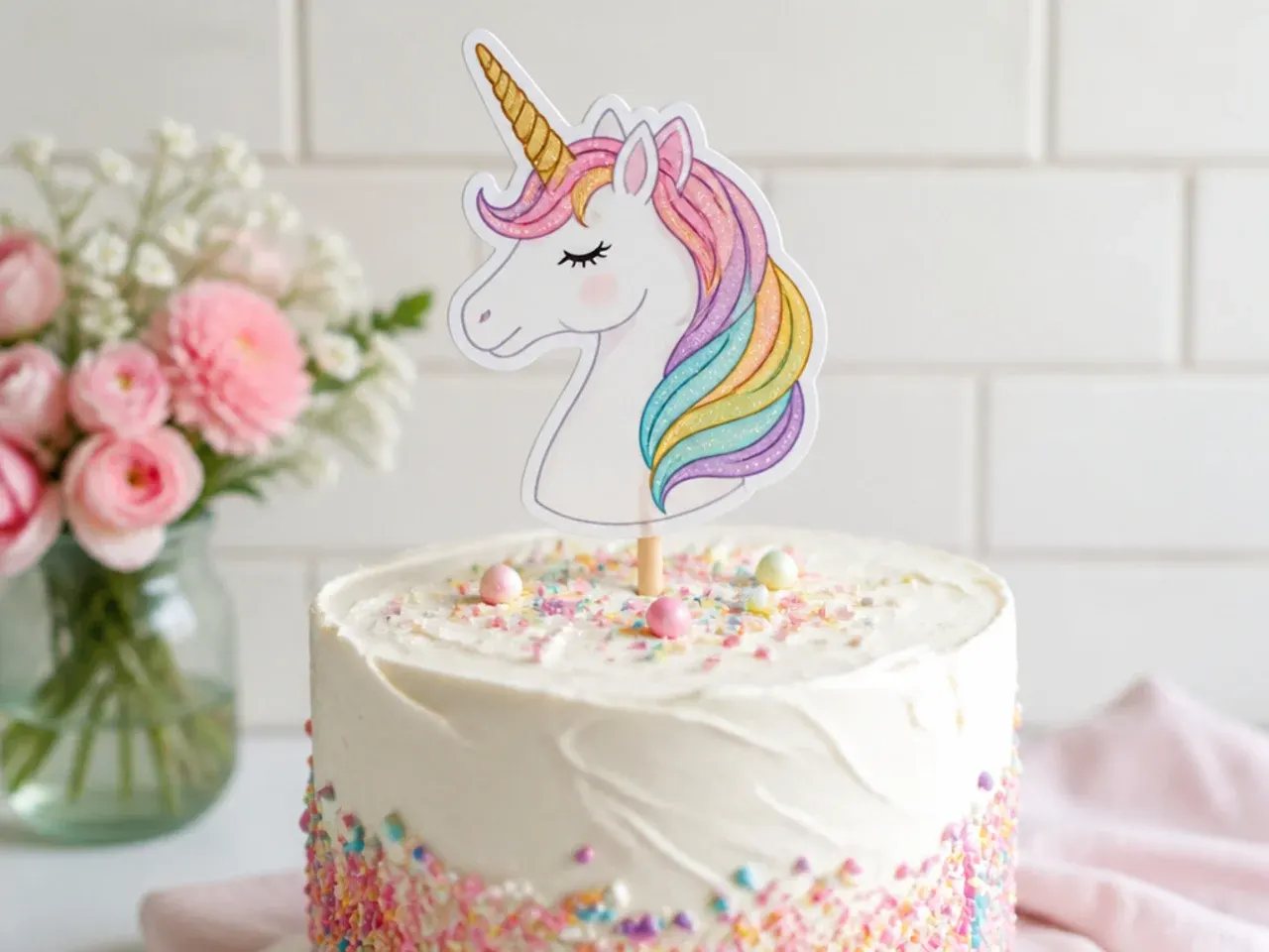 Easy printable paper unicorn cake topper mounted on a skewer in a frosted cake