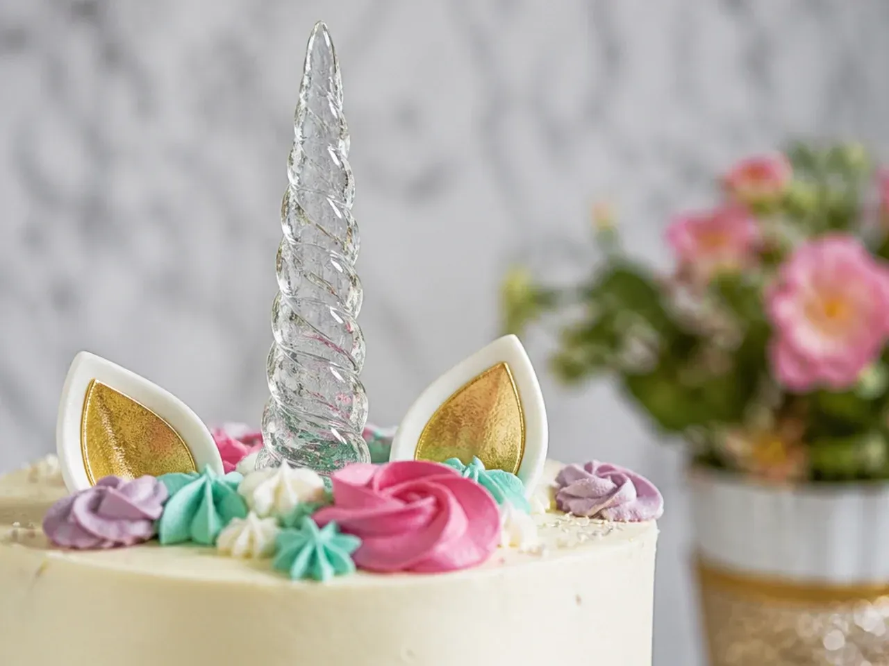 Elegant clear isomalt crystal unicorn cake topper horn catching the light