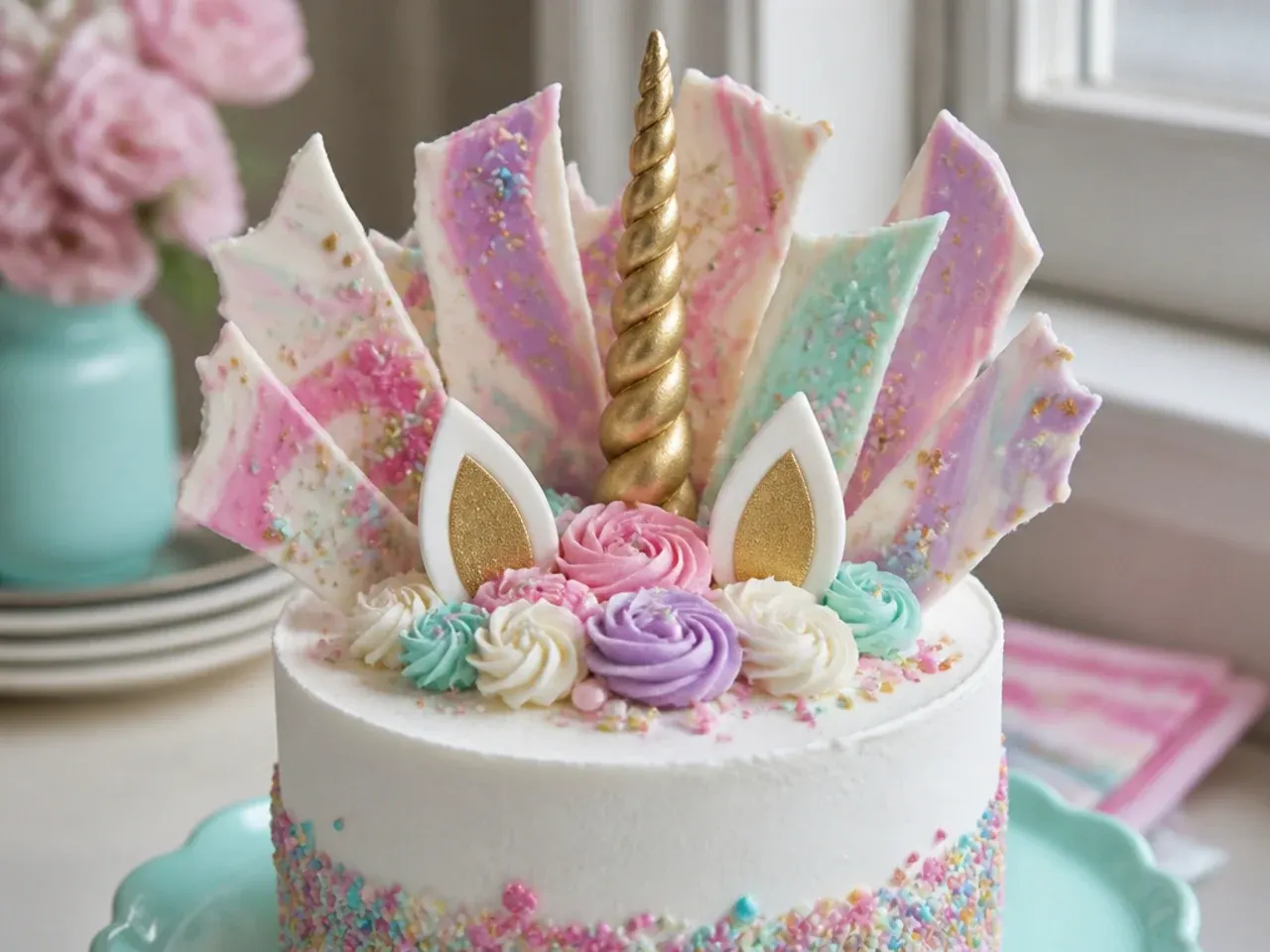 Playful pastel chocolate bark shard mane unicorn cake topper standing in a fan