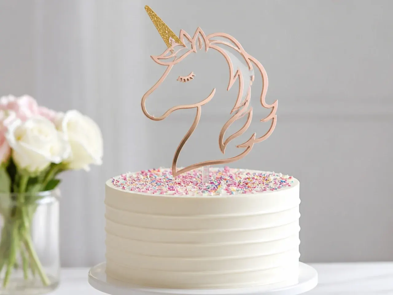 Modern fondant silhouette unicorn cake topper cut in a clean acrylic-style shape
