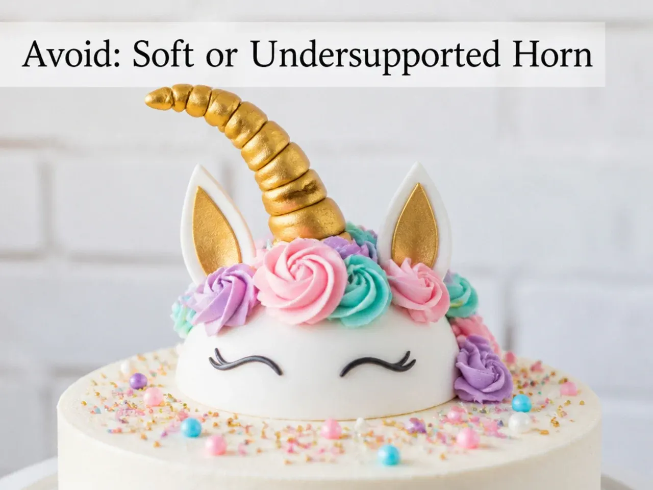 Common mistakes to avoid when making a unicorn cake topper such as a leaning soft horn