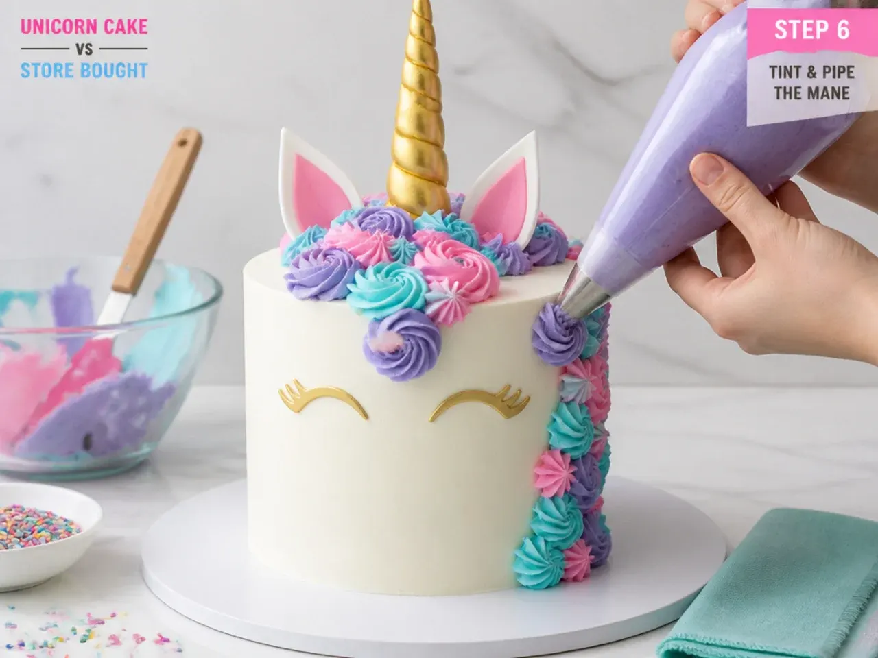 unicorn cake vs store bought — step 6: tint and pipe the mane