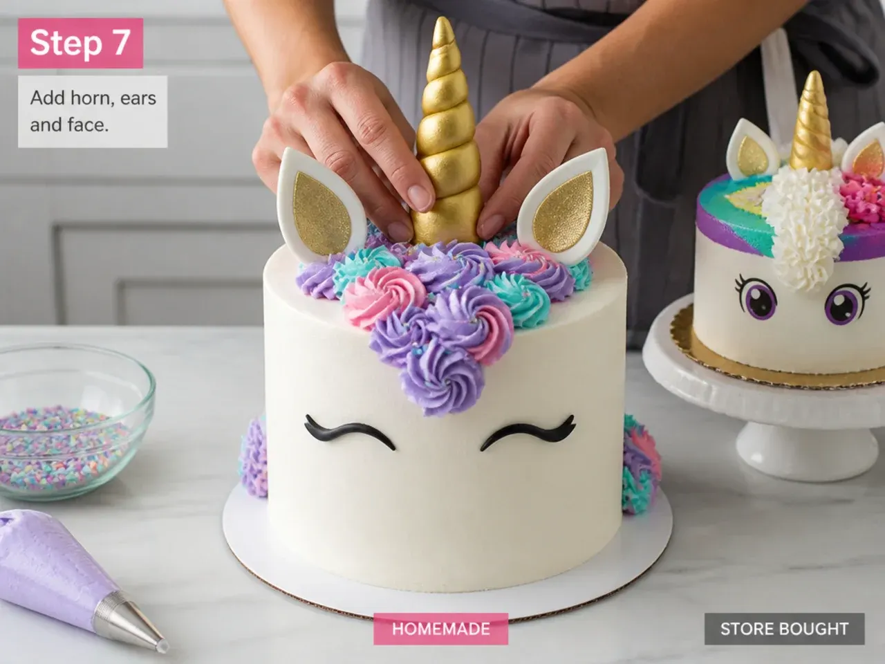 unicorn cake vs store bought — step 7: add horn, ears and face