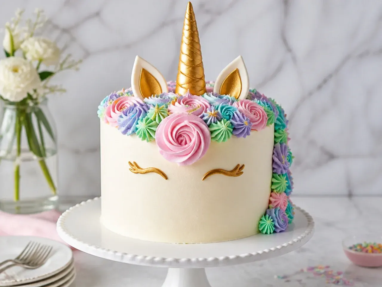Homemade unicorn cake with pastel buttercream rosette mane, gold horn and ears on a cake stand