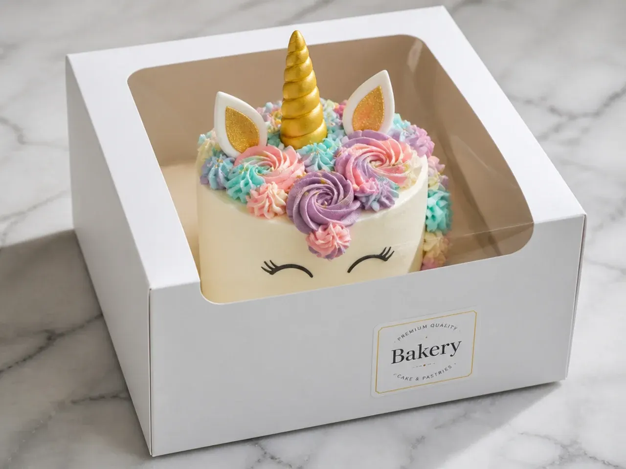 Store bought unicorn cake from a bakery display counter boxed and ready to collect