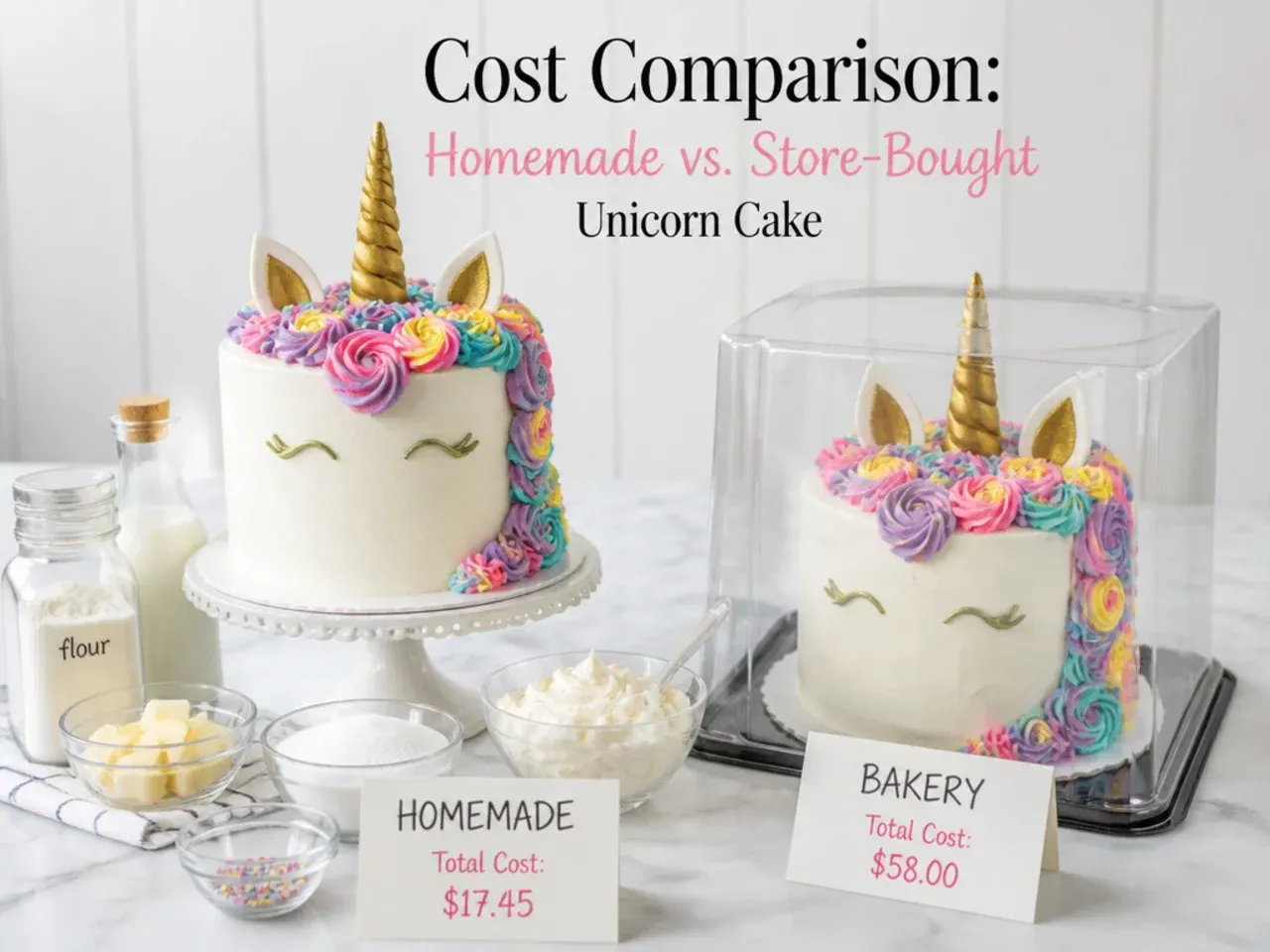 Cost comparison of a homemade unicorn cake versus store bought showing ingredients and price tags