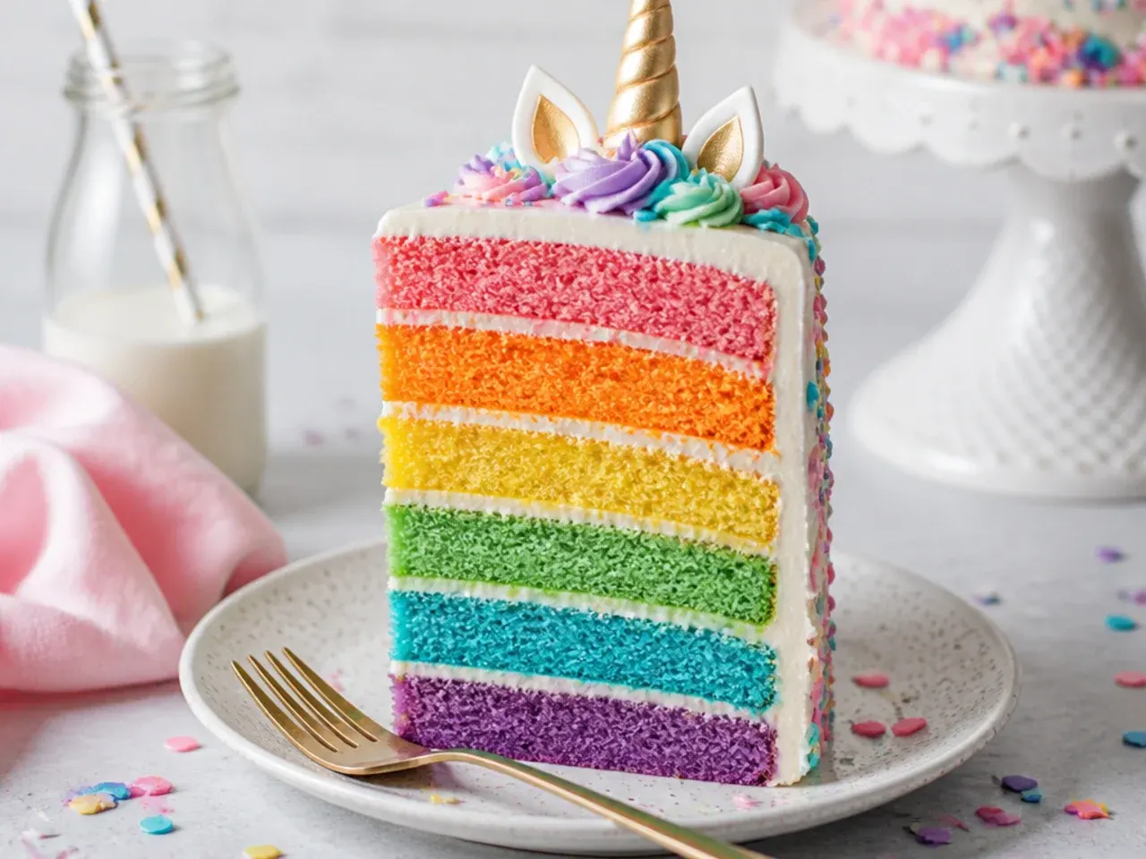 Cross-section slice of a moist homemade unicorn cake showing tender crumb and real buttercream
