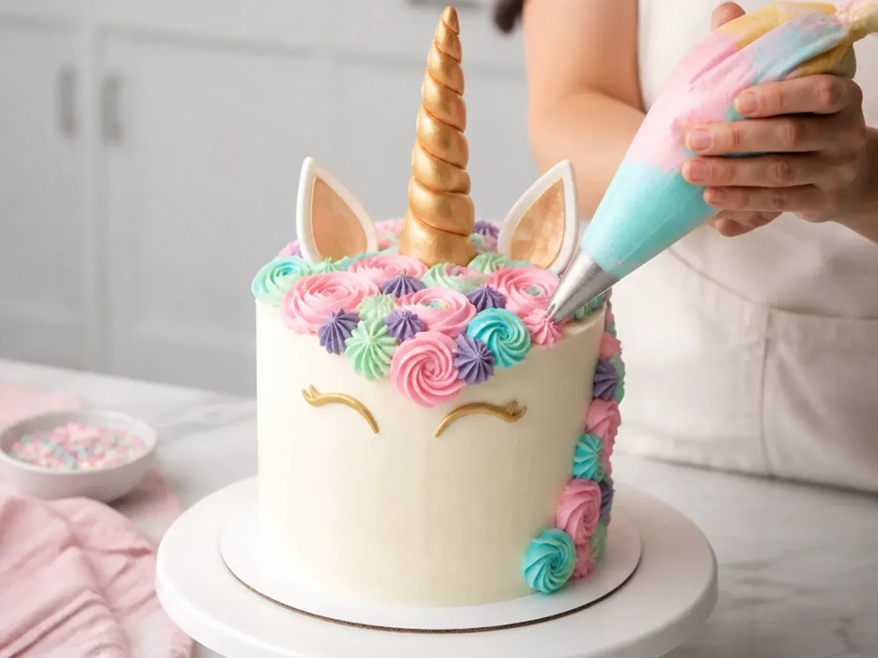 Steps of making a homemade unicorn cake showing baking, crumb coating and piping the buttercream mane