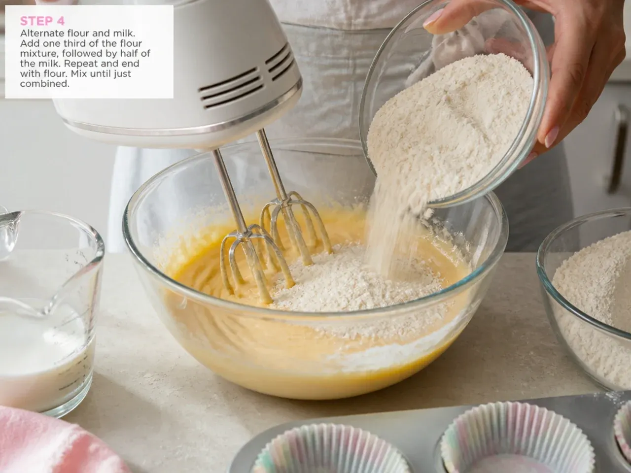 unicorn cupcakes — step 4: alternate flour and milk