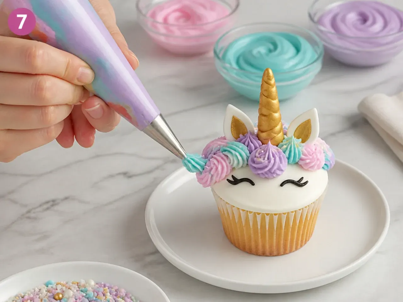 unicorn cupcakes — step 7: color, pipe and decorate